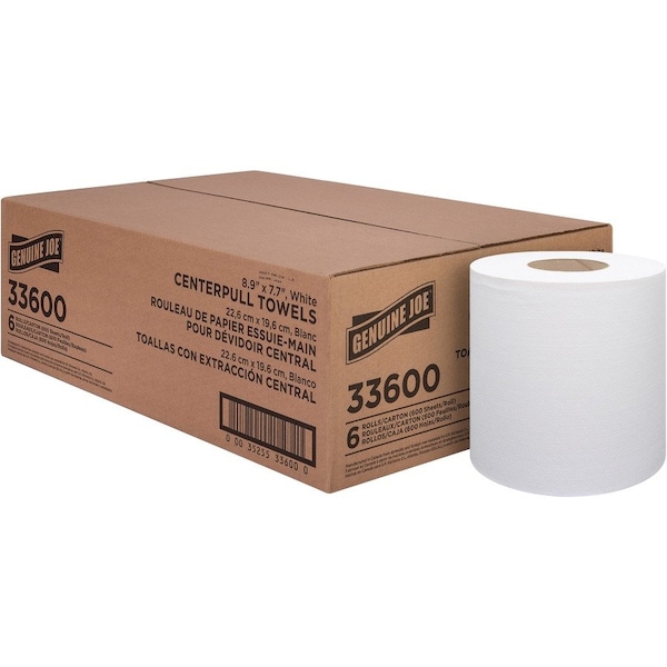 Genuine Joe Centerpull Towel Rolls - White - 600 Sheets Per Roll - 6 / Pack, 6PK GJO33600 - main
